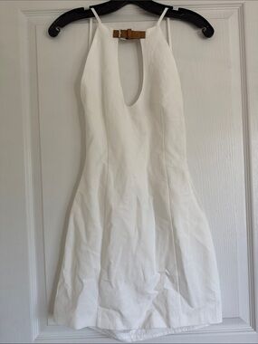 Zara White Halter Mini Dress with Tan Buckle